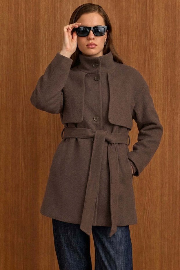 Oversized Short Coat with High Collar and Cape Detail Brown 3201