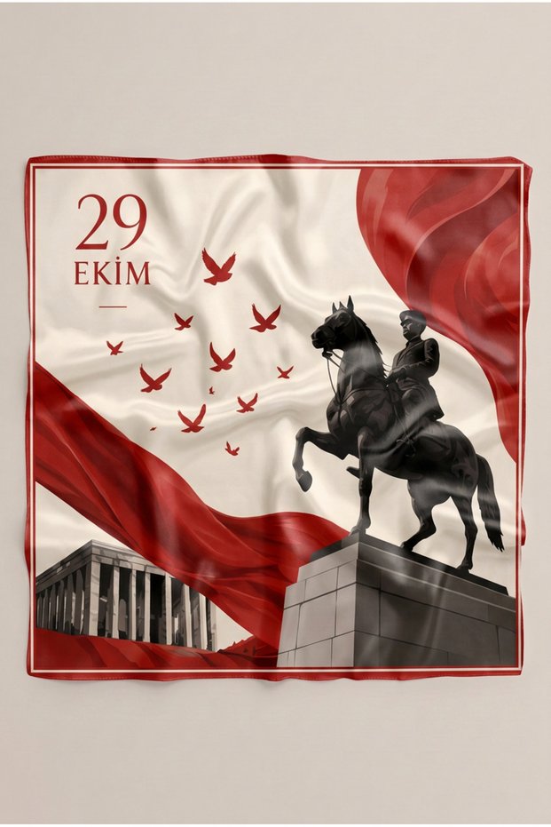 Red Ecru Ataturk Statue and Anıtkabir Patterned 29 October Scarf 50X50 cm Tr011