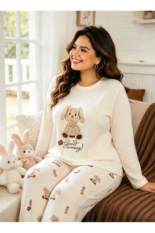 Plus Size Ecru Color Rabbit Pattern Crew Neck Comfortable Cute Women's Pajama Set (2Xl-3Xl-4Xl)