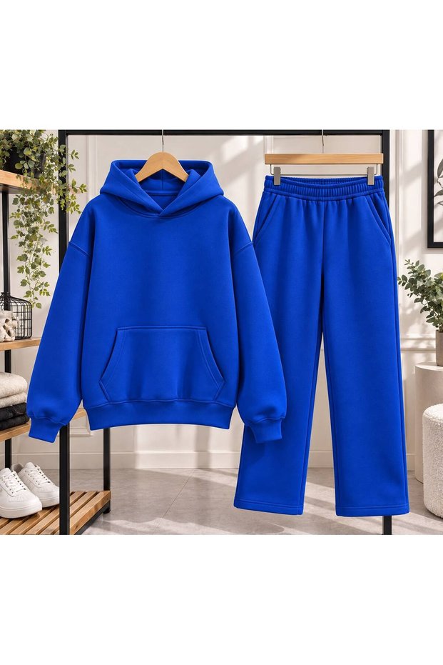 Unisex Plain Basic Hooded Oversize Tracksuit Set - Two-Piece Cotton Set with Kangaroo Pockets