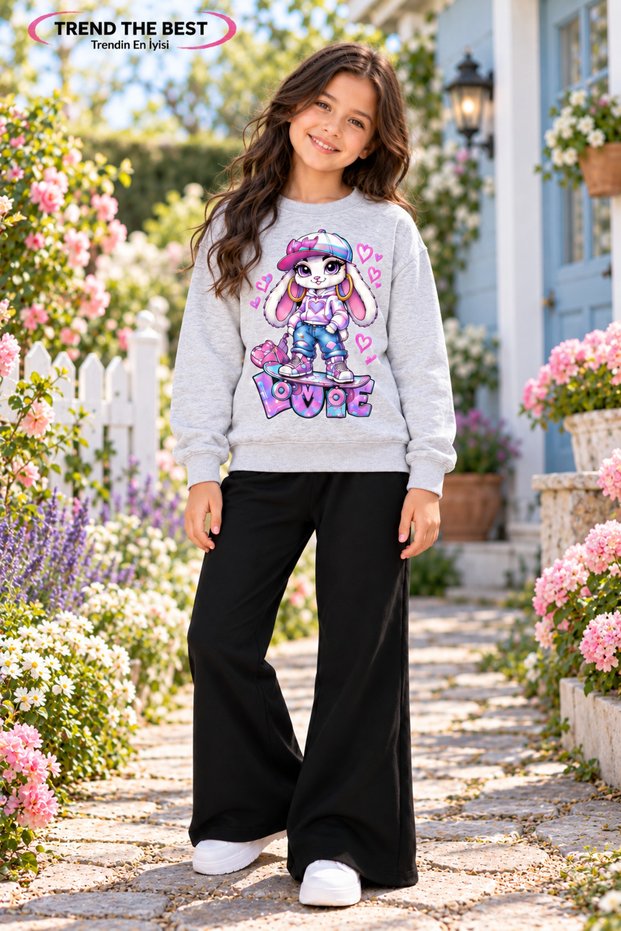 Winter, Spring, and Autumn Girls' Black Spanish Flared Bottoms and Gray Sweat Top