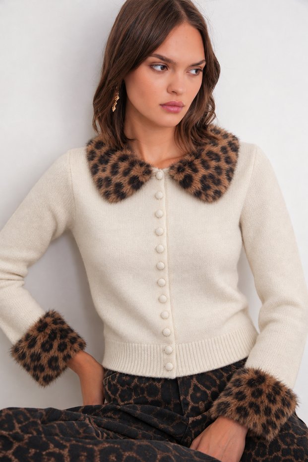 6979 Women's Leopard Fur Collar Buttoned Vintage Knitwear Cardigan Natural