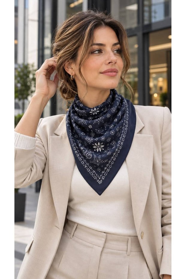 Navy Blue Shawl Patterned Cotton Women's Scarf 70X70 cm