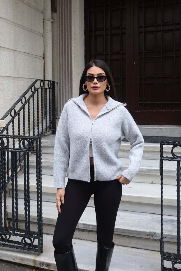 Double Zipper Knitwear Cardigan Gray