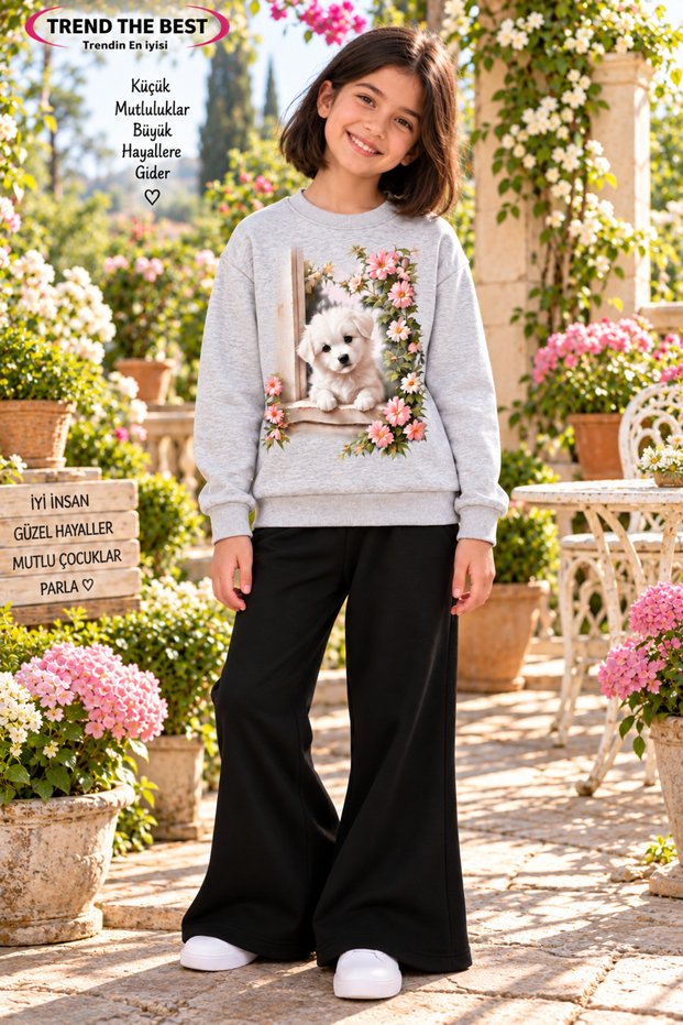 Winter, Spring, and Autumn Girls' Black Spanish Flared Bottoms and Gray Sweat Top