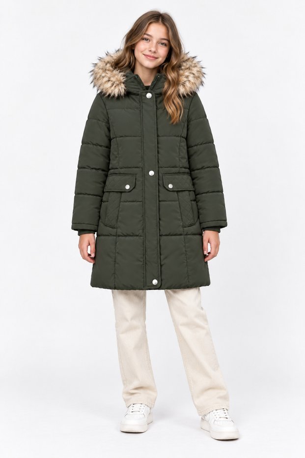 82510-26 Girls' Fur Hooded Quilted Long Puffer Coat 13–16 Years