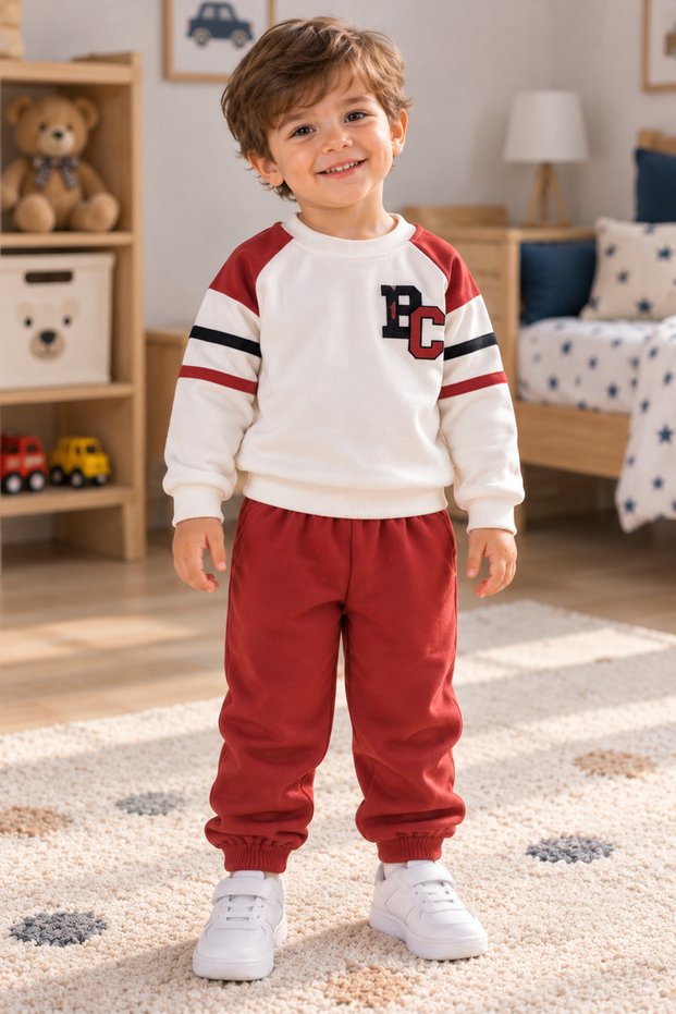 Baby Boy Kids 2-Piece Set Burgundy White College Collar Sweatshirt and Jogger Sweatpants