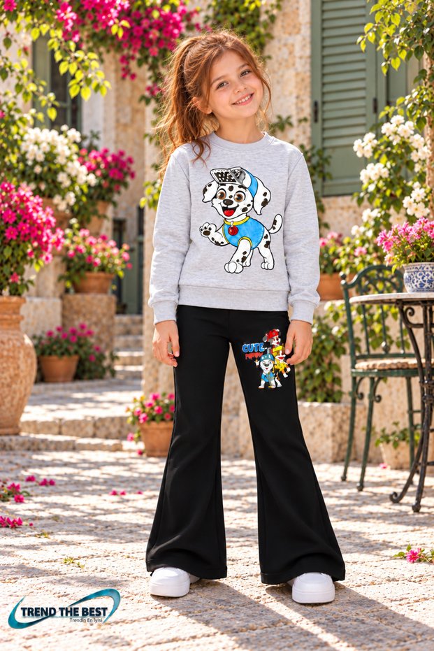 Winter, Spring, and Autumn Girls' Black Spanish Flared Bottoms and Gray Sweat Top