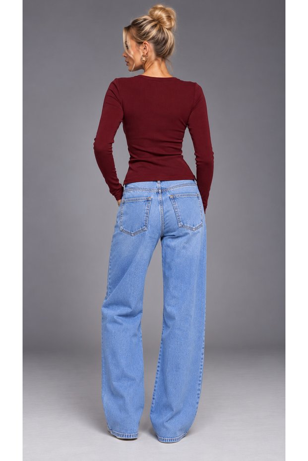 Burgundy Button Detailed Long Sleeve Blouse