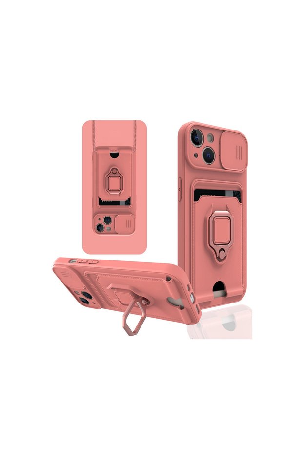 Apple iPhone 14 Case Zuma Silicone with Business Card Holder and Ring - Pink