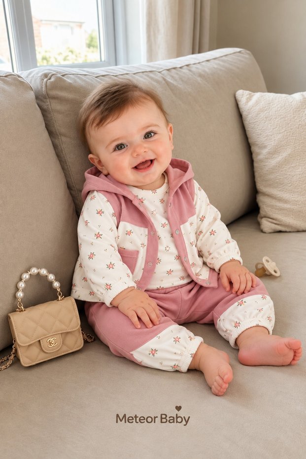 Baby Girl Floral Patterned Hooded Long Sleeve Vest 3-Piece Set