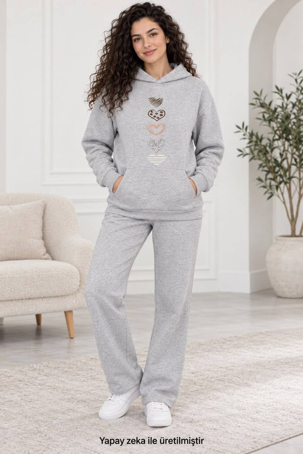 Women's Minimalist Pattern Graphic Printed Tracksuit Set - Flowy Relaxed Fit Hooded 2-Piece Set
