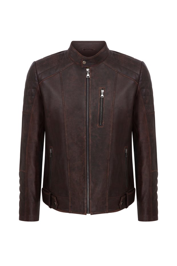 Monako Men's Hakim Collar Racer Genuine Leather Coat Taba
