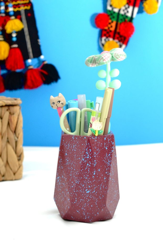 Burgundy Blue Fan Geometric Pen Holder & Makeup Brush Holder & Desktop Organizer