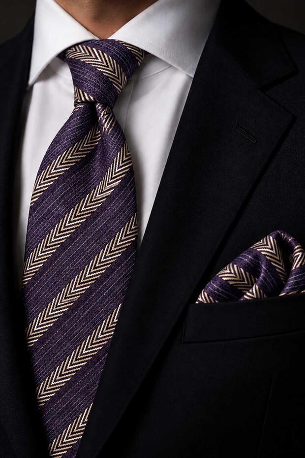 Plum Beige Herringbone Pattern Classic Tie with Handkerchief Kk14153