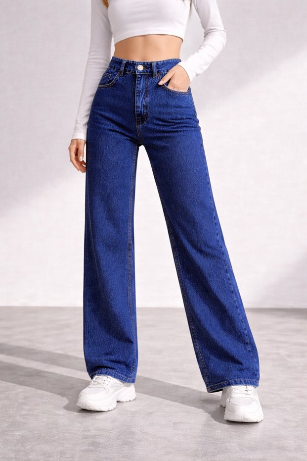 Women's High Dark Blue Loose Palazzo Trousers Lycra Denim Jeans.
