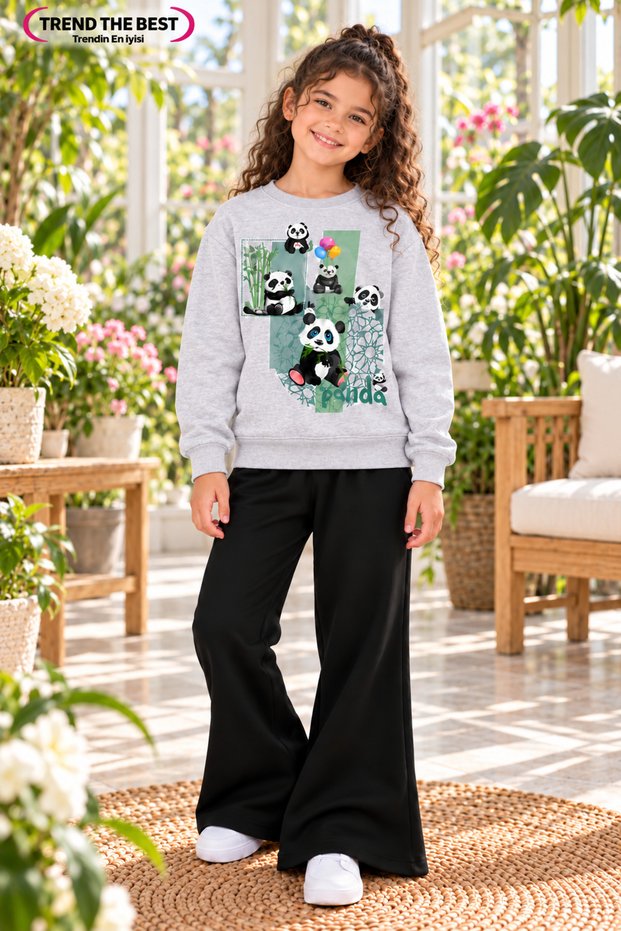 Winter, Spring, and Autumn Girls' Black Spanish Flared Bottoms and Gray Sweat Top