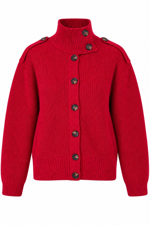 7086 Women's Stand Collar Buttoned Epaulet Knitwear Cardigan Red