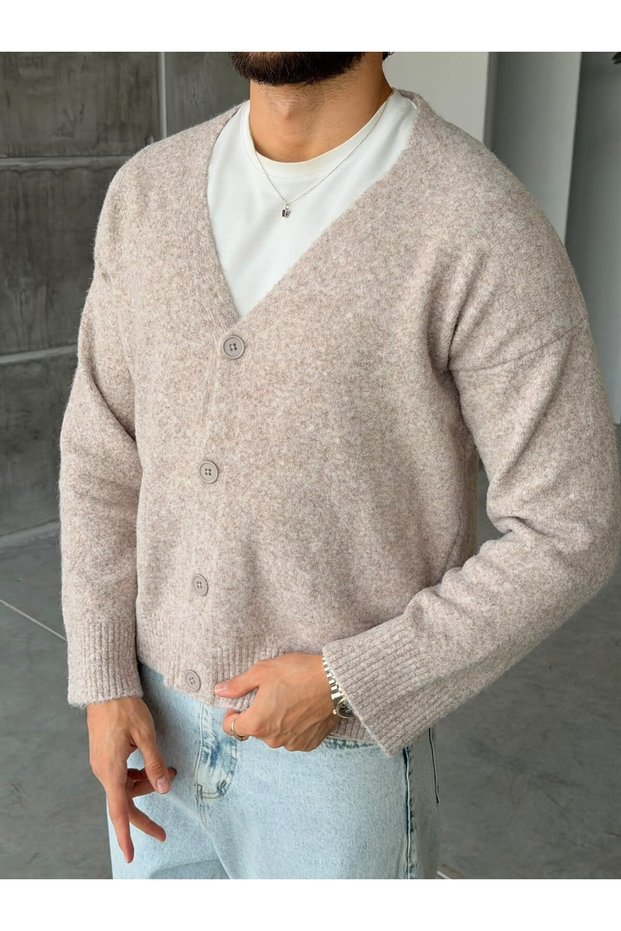 Soft Textured V-Neck Knitwear Cardigan t Minkmelange