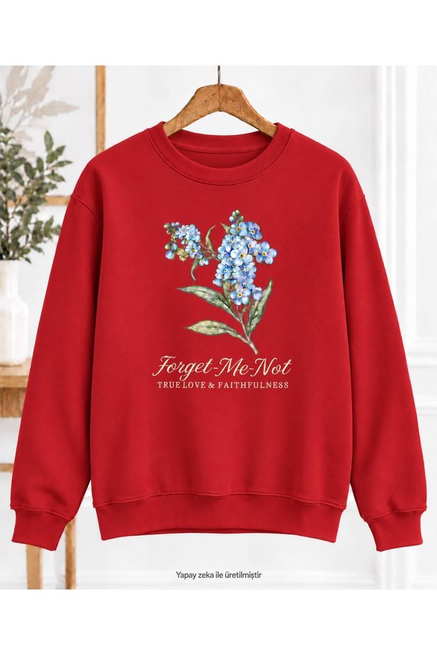 Women's Forget-Me-Not Floral Printed Crew Neck Sweatshirt - Oversized Sweatshirt with Typography Pattern