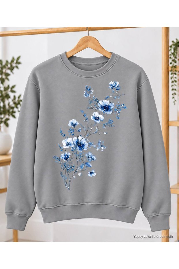 Women's Blue Floral Bouquet Graphic Printed Oversized Sweatshirt - Crew Neck Drop Shoulder Winter Sweatshirt