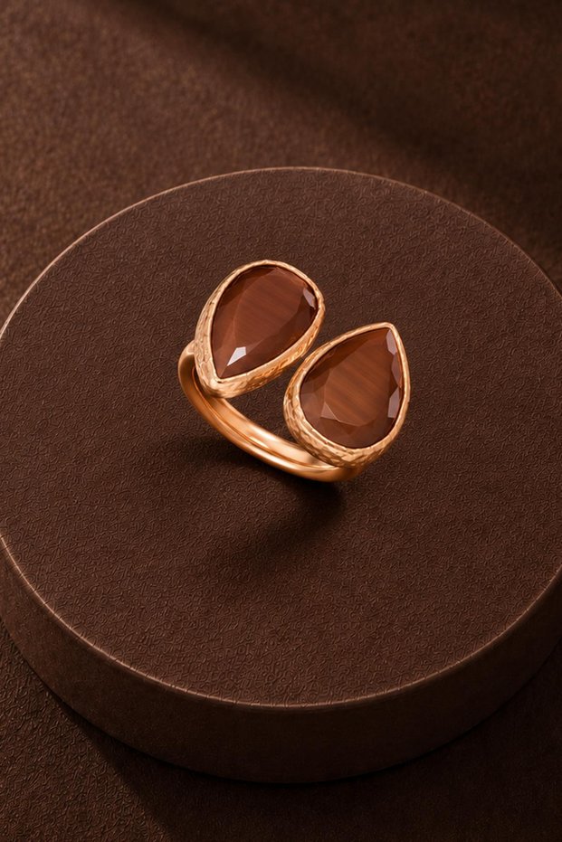 Cat's Eye Drop-Shaped Double Ring Ring - 10X15Mm
