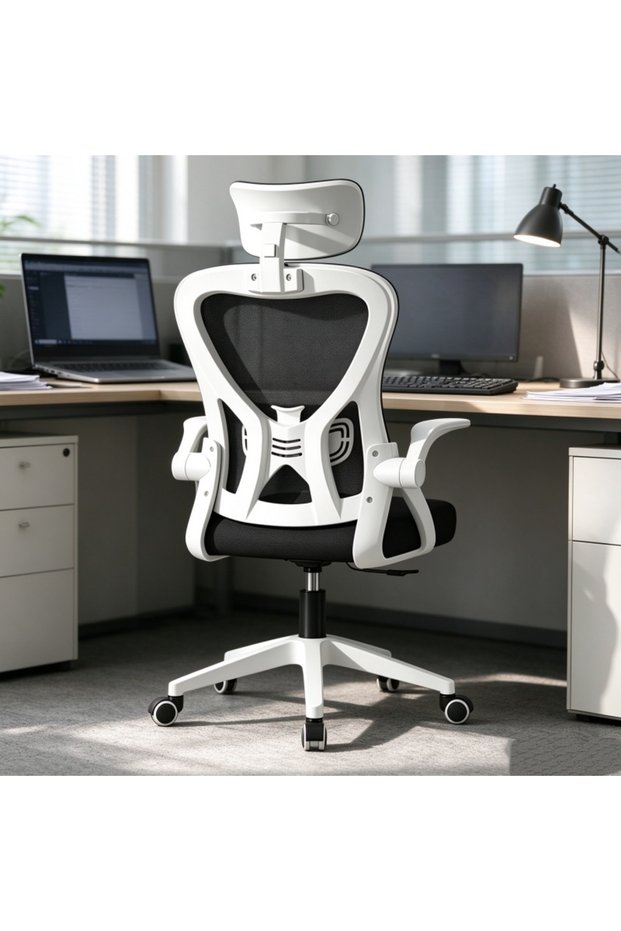 Black and White Office Chair, Height Adjustable Ergonomic Desk Chair, 360° Swivel Mesh Computer Chair with Headrest for Home Office