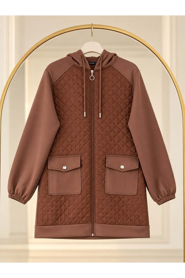 Women's quilted hijab-approved scuba jacket with trim - brown