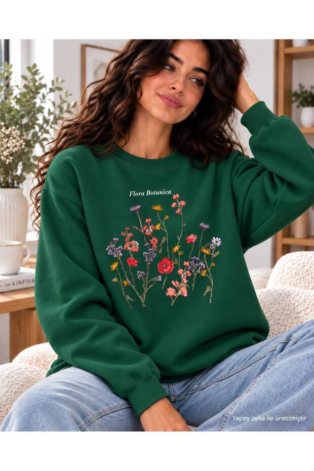 Women's Botanical Flower Field and Text Graphic Print Oversized Sweatshirt - Crew Neck Drop Shoulder Winter Sweatshirt