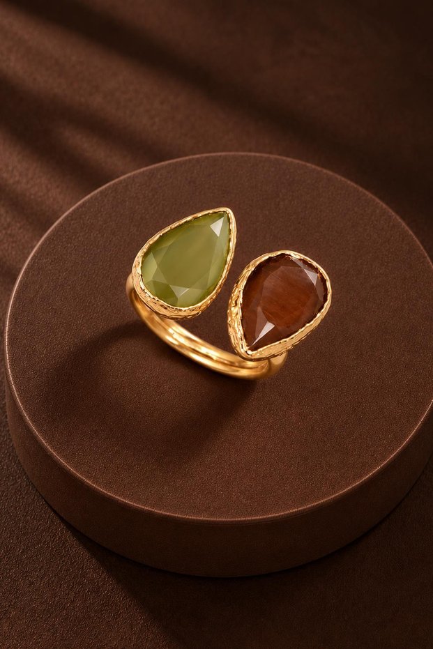 Cat's Eye Drop-Shaped Double Ring Ring - 10X15Mm