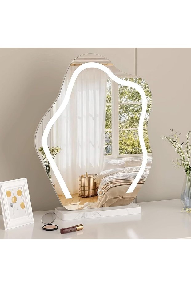 مرآة تجميل مع إضاءة، مرآة مضاءة بتقنية LED لغرفة النوم، تحكم ذكي باللمس قابل للتعتيم
