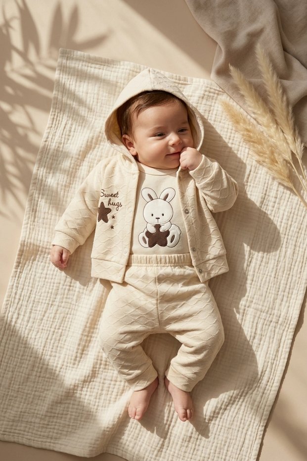 Lumi Bunny Cotton 3-Piece Baby Set - Cream Color Hooded Jacket, Bodysuit and Pants Set