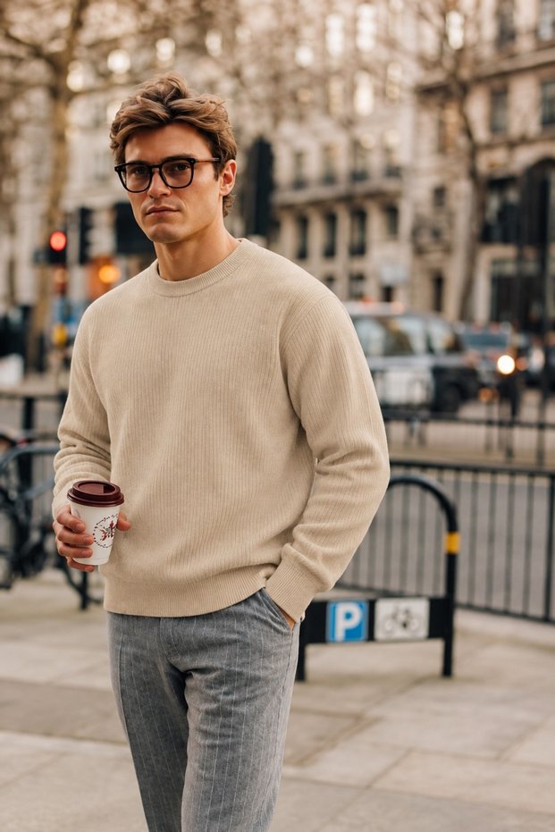 Men's Crew Neck Ribbed Knitwear Cream Sweater