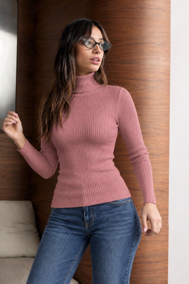 Women's High Collar Slim Fit Lycra Powder Knitwear