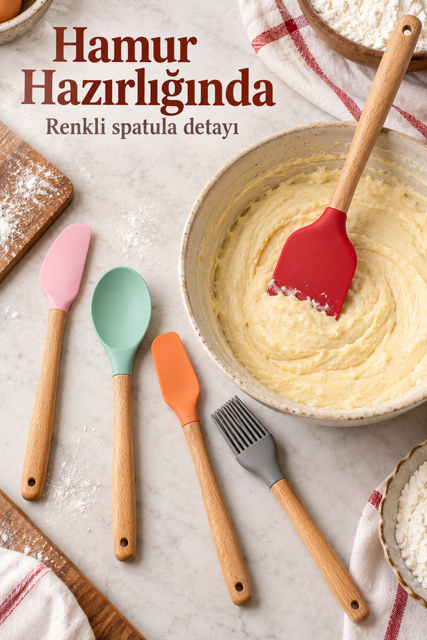 Kitchen Utensil Set with Wooden Look Handles and Colorful Heads