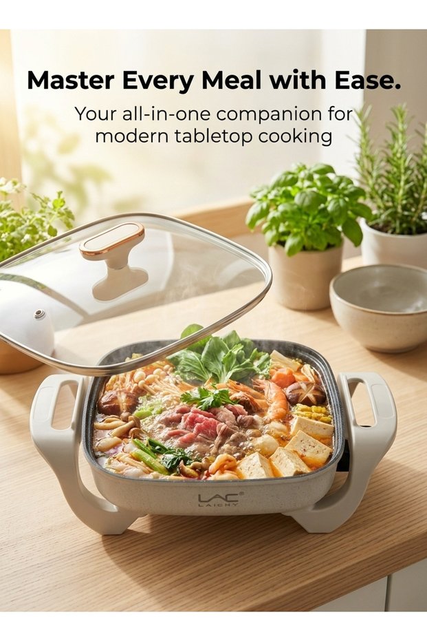 Multifunctional Electric Hot Pot, All-in-One Tabletop Cooking Pan, Non-Stick, Glass Lid, Adjustable Temp for Household Cooking