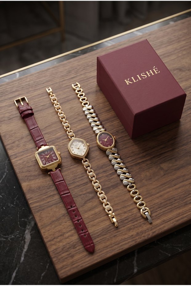 3-Piece Women's Watch Set Gold & Burgundy & Silver |   Luxury Steel and Leather Cord Vintage Women's Wristwatch |   Old Money Classic Stylish Elegant Design |   Limited Edition 2027