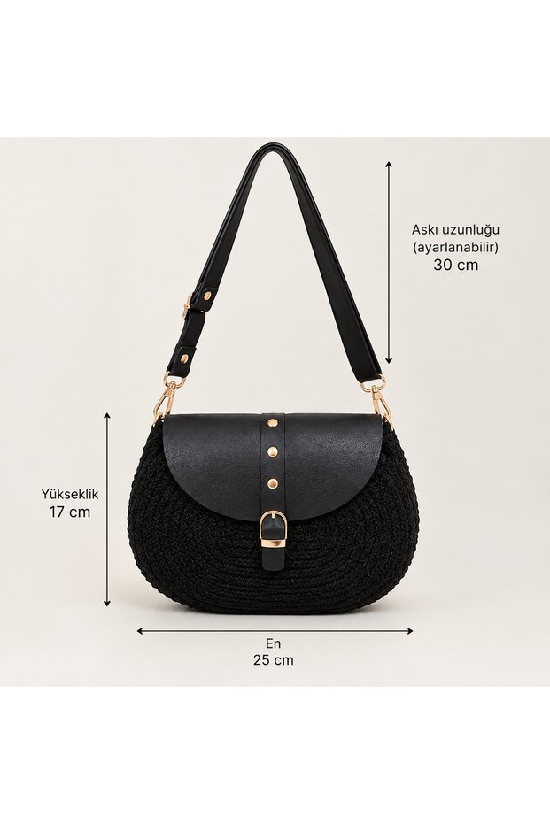 Black Straw Shoulder Bag with Gold Detail and Leather Cover Women's Bag