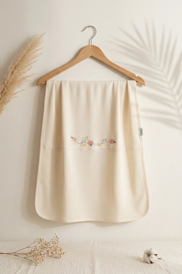 Flora Pure Ecru Embroidered 100% Cotton Muslin Baby Blanket - Antiallergenic, Breathable, Soft Textured