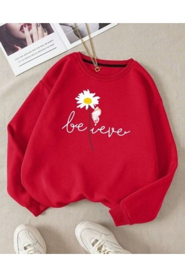 Believe Printed Cotton 3 Thread Threaded Crew Neck Oversize Sweatshirt