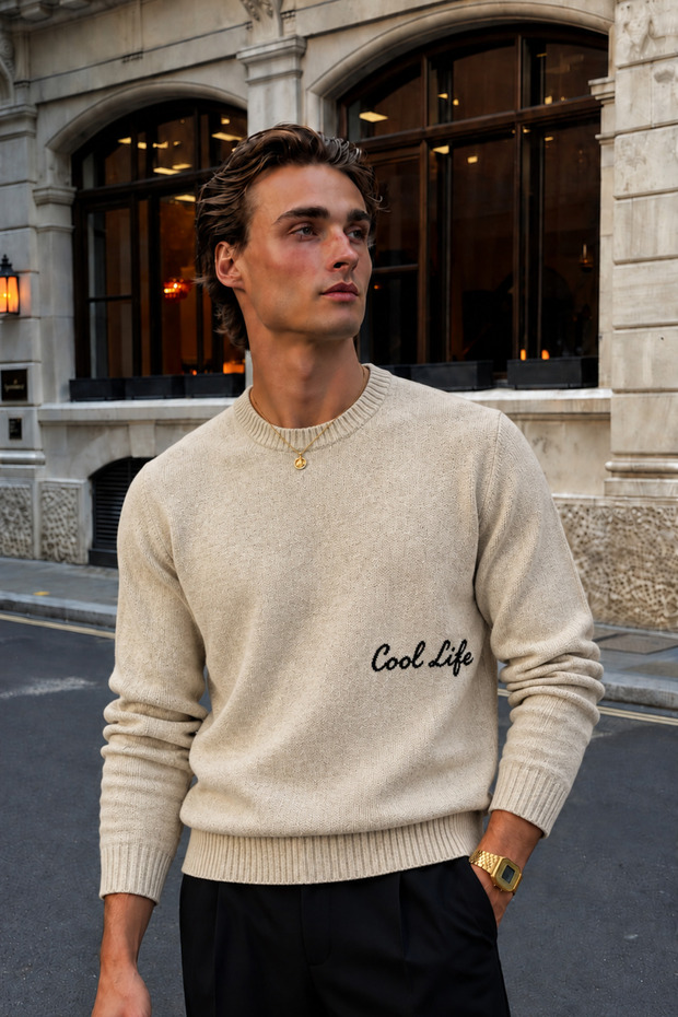 Men's Cool Life Embroidery Text Detailed Crew Neck Regular Fit Acrylic Cotton Blend Knitwear Sweater