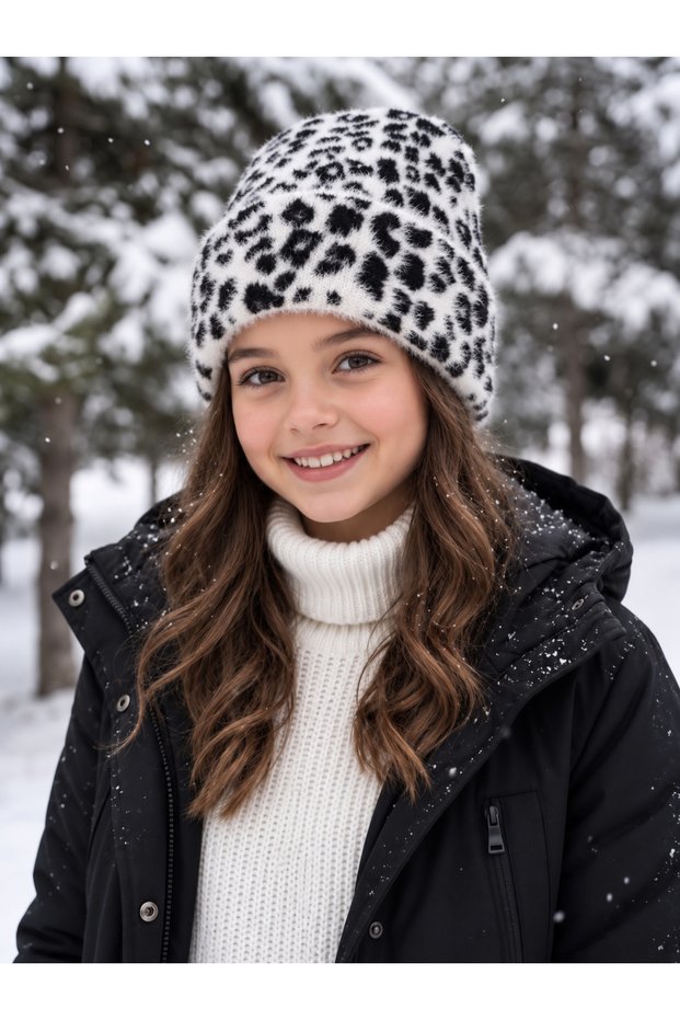 Black and White Young Girls' Leopard Pattern Angora Beanie Soft Flexible Foldable Winter Hat