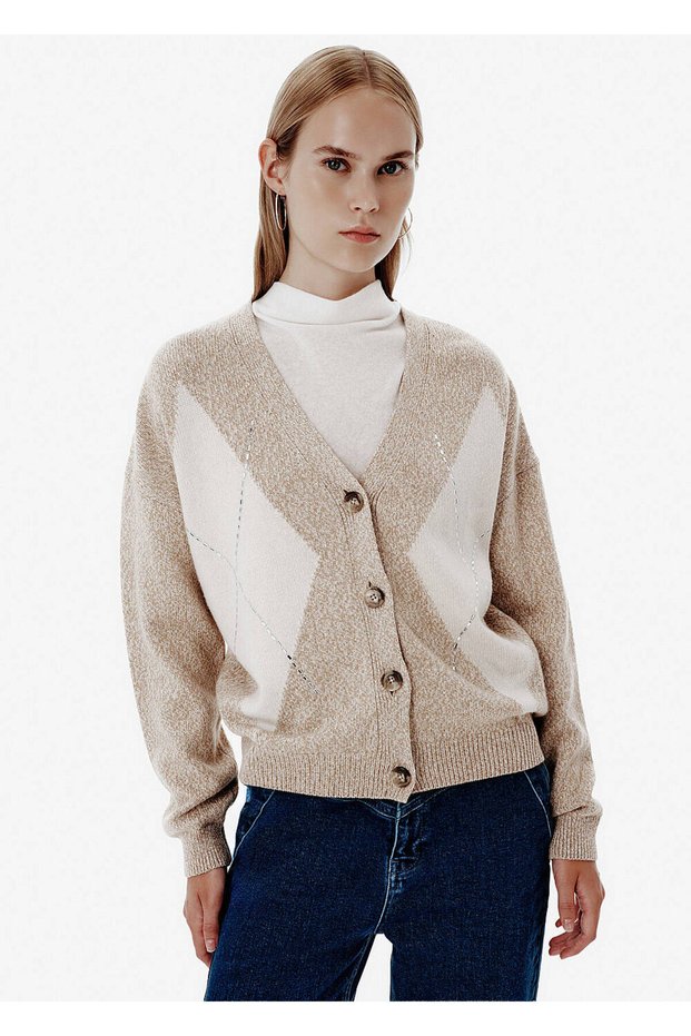 Intarsia Knit Stone Detailed Beige Knitwear Cardigan