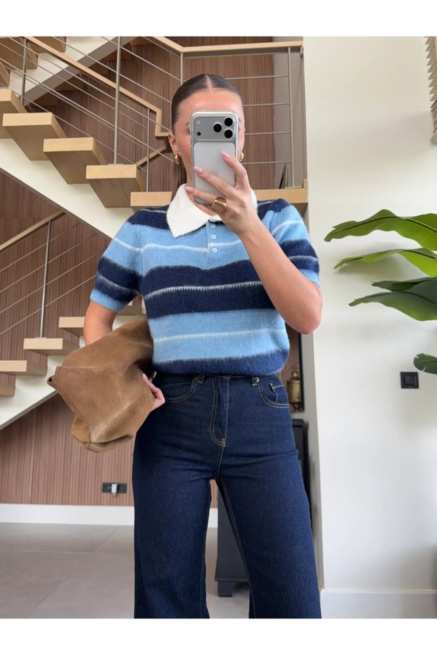 Blue Polo Collar Wool Textured Striped Half Sleeve Knit Sweater - 1289