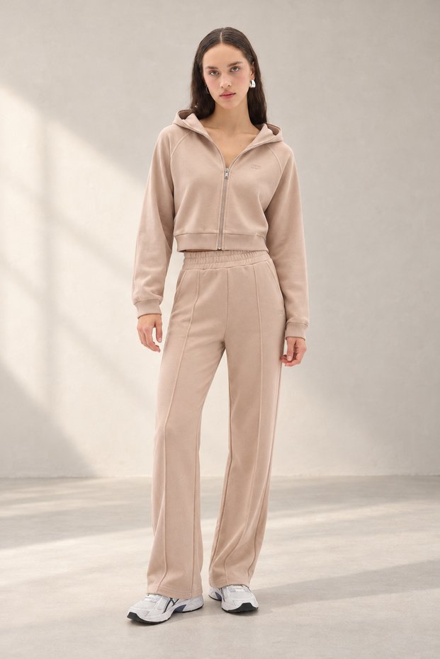Women's 3 Thread Cotton Hooded Zipper Sweatshirt and Wide Leg Sweatpants - Sweat Suit Set