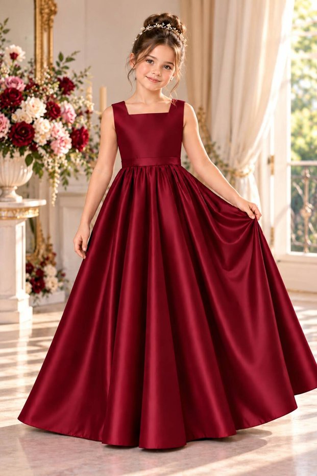 Girl's Square Neck Long Satin Gathered Model Ball Gown Graduation Birthday Dress