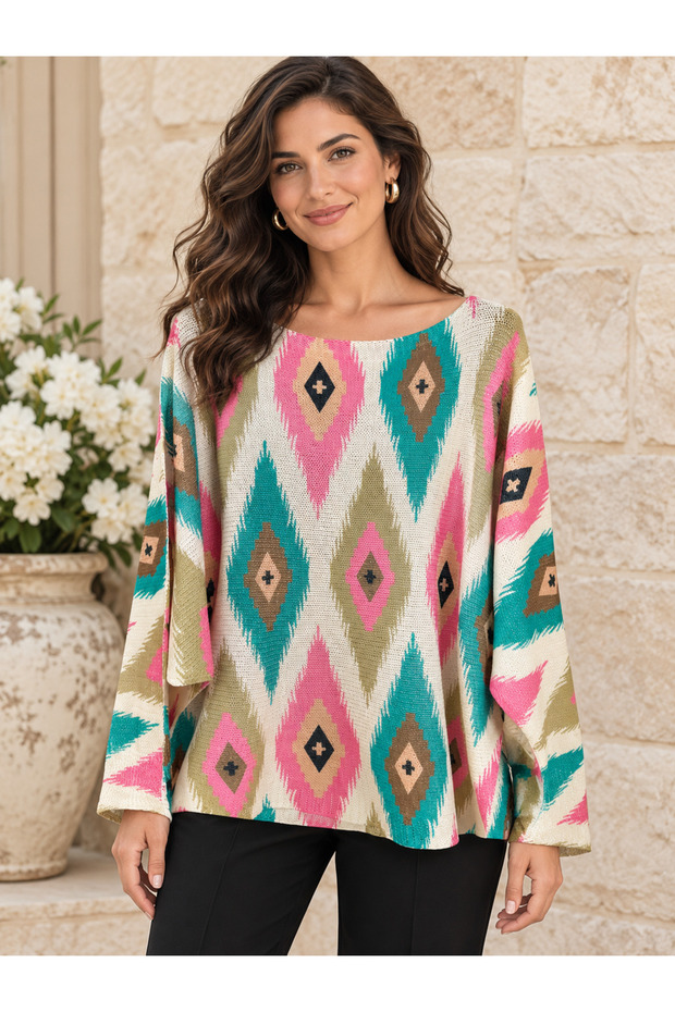 Women's Italian Digital Print Long Sleeve Mercerized Blouse 40-46