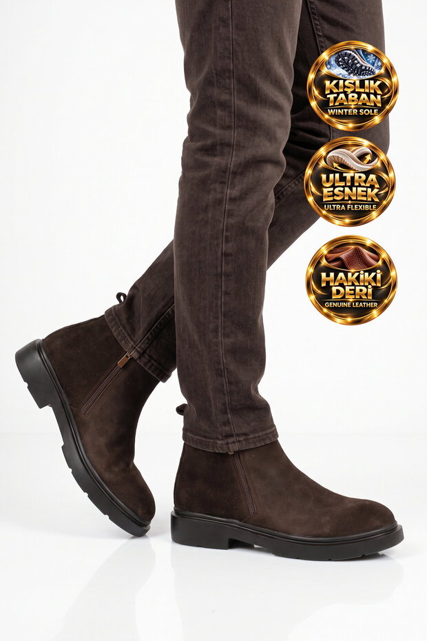Rubber Sole Zippered Stylish Comfortable Brown Genuine Leather Men's Classic Chelsea Boots 600543