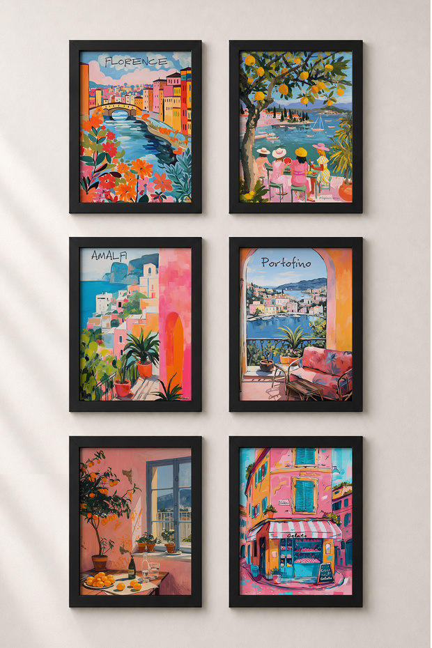 6 Piece Florence to Portofino Framed Art Set Italy Posters Wall Decor Sixmx06