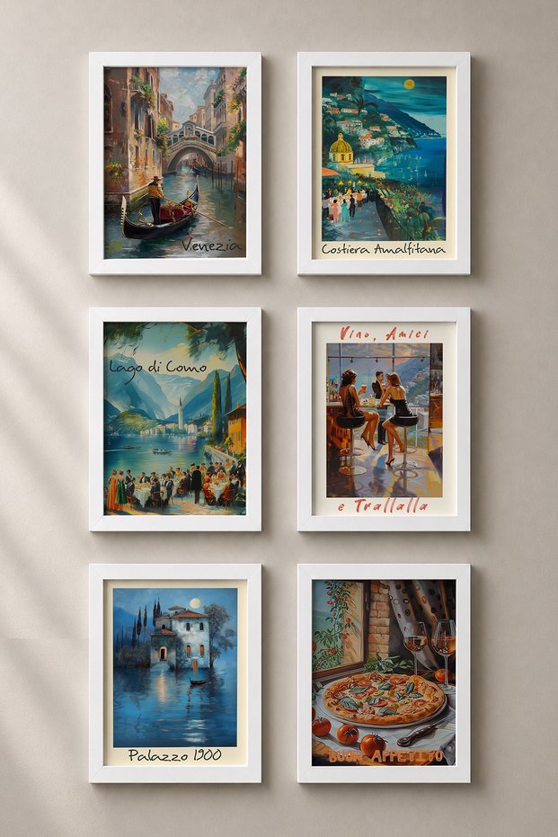 6 Piece Full Moon and Night Table Framed Painting Set Italy Posters Wall Decor Sixmx44